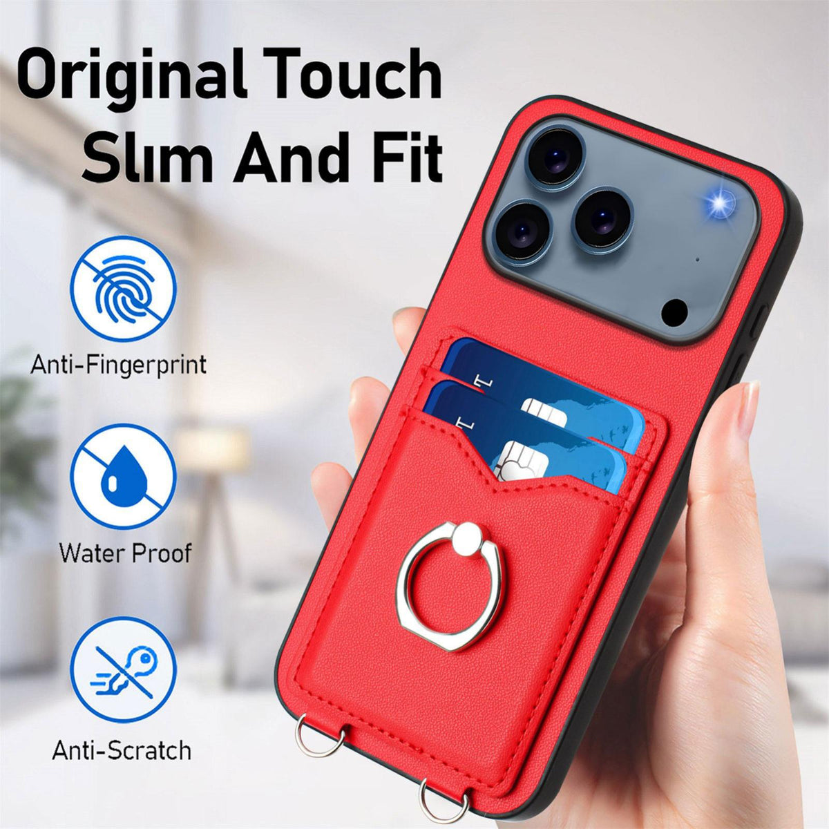 Compatible with iPhone 18 Pro Max & 17 Pro Max R20 Crossbody Rope Ring Card Holder Phone Case - Red