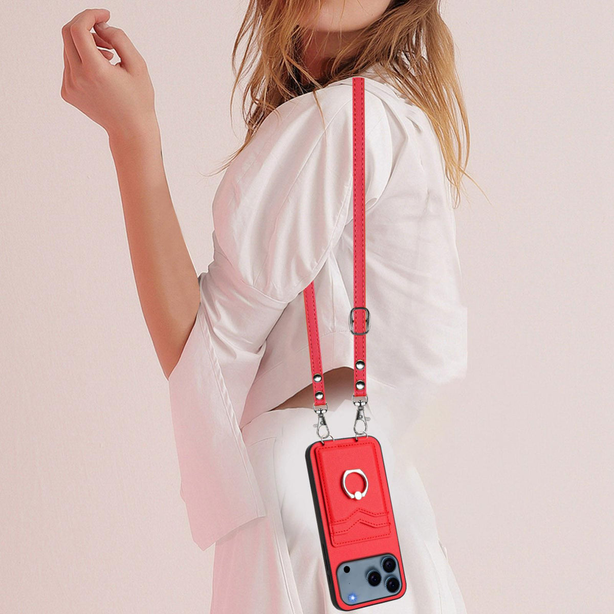 Compatible with iPhone 18 Pro Max & 17 Pro Max R20 Crossbody Rope Ring Card Holder Phone Case - Red