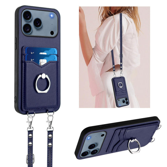 Compatible with iPhone 18 Pro Max & 17 Pro Max R20 Crossbody Rope Ring Card Holder Phone Case - Blue
