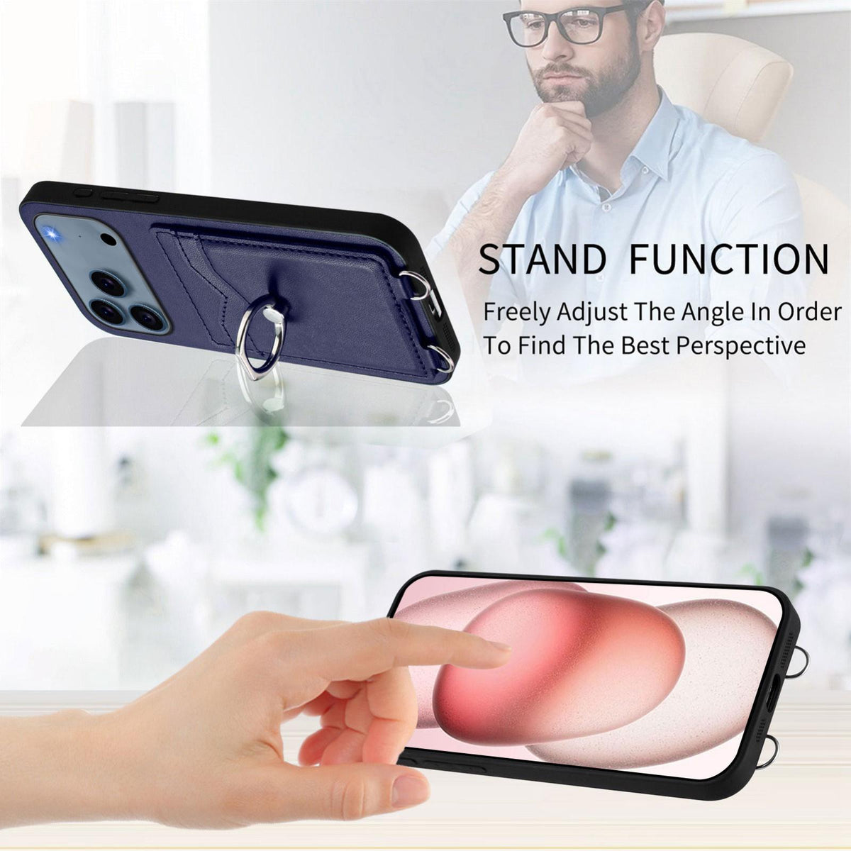 Compatible with iPhone 18 Pro Max & 17 Pro Max R20 Crossbody Rope Ring Card Holder Phone Case - Blue