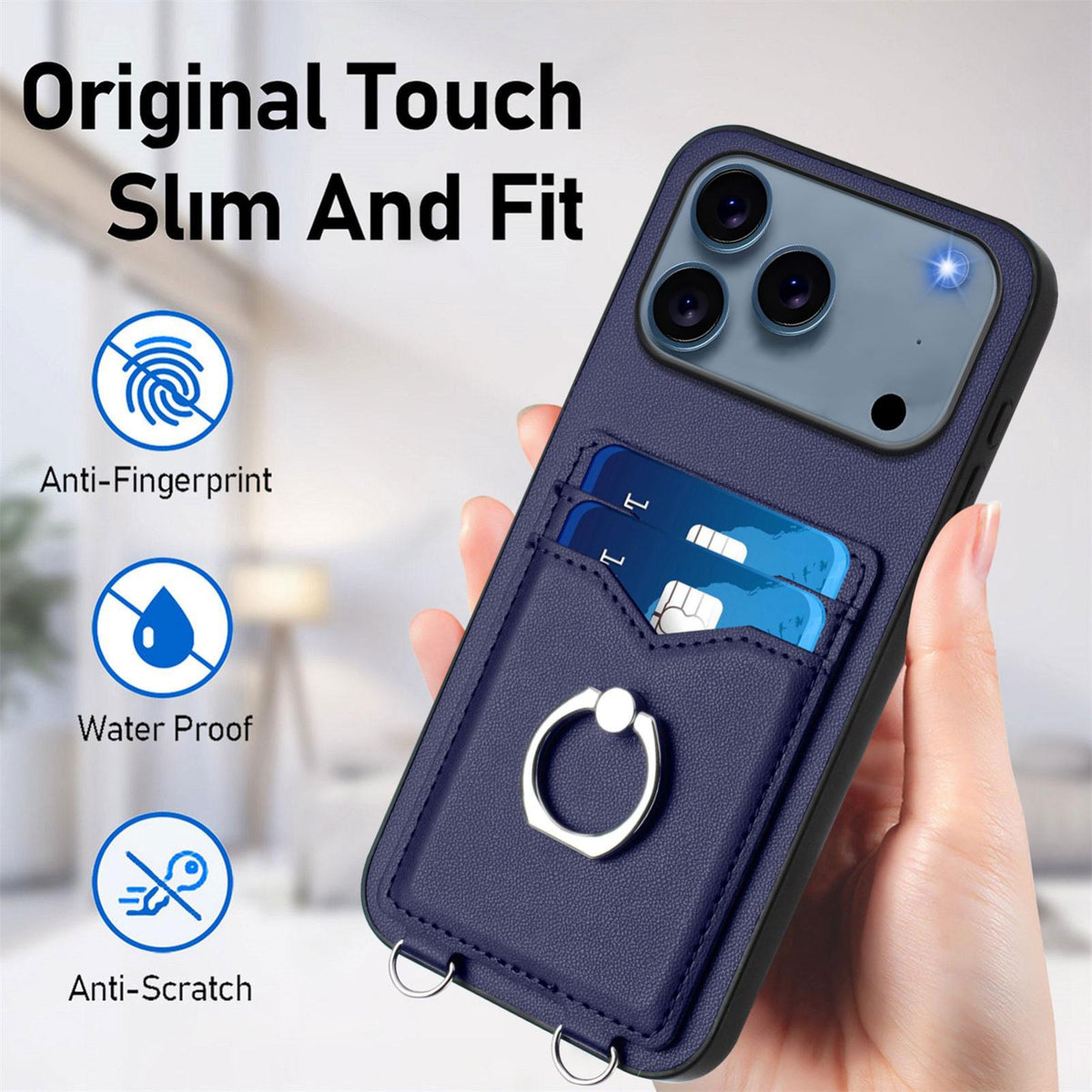 Compatible with iPhone 18 Pro Max & 17 Pro Max R20 Crossbody Rope Ring Card Holder Phone Case - Blue