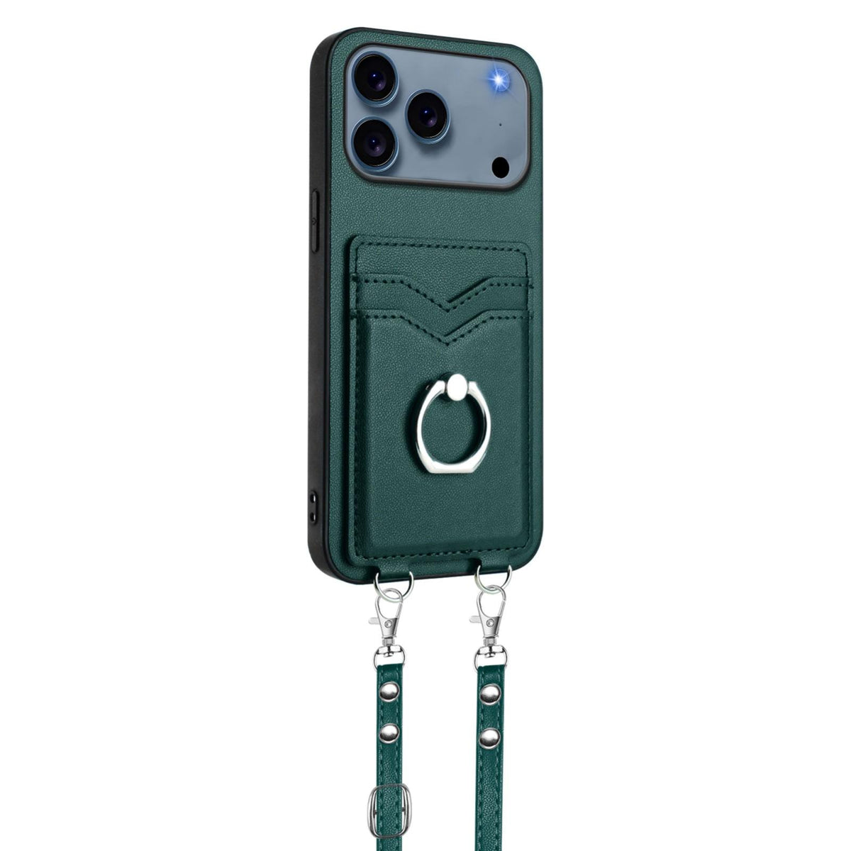 Compatible with iPhone 18 Pro Max & 17 Pro Max R20 Crossbody Rope Ring Card Holder Phone Case - Green