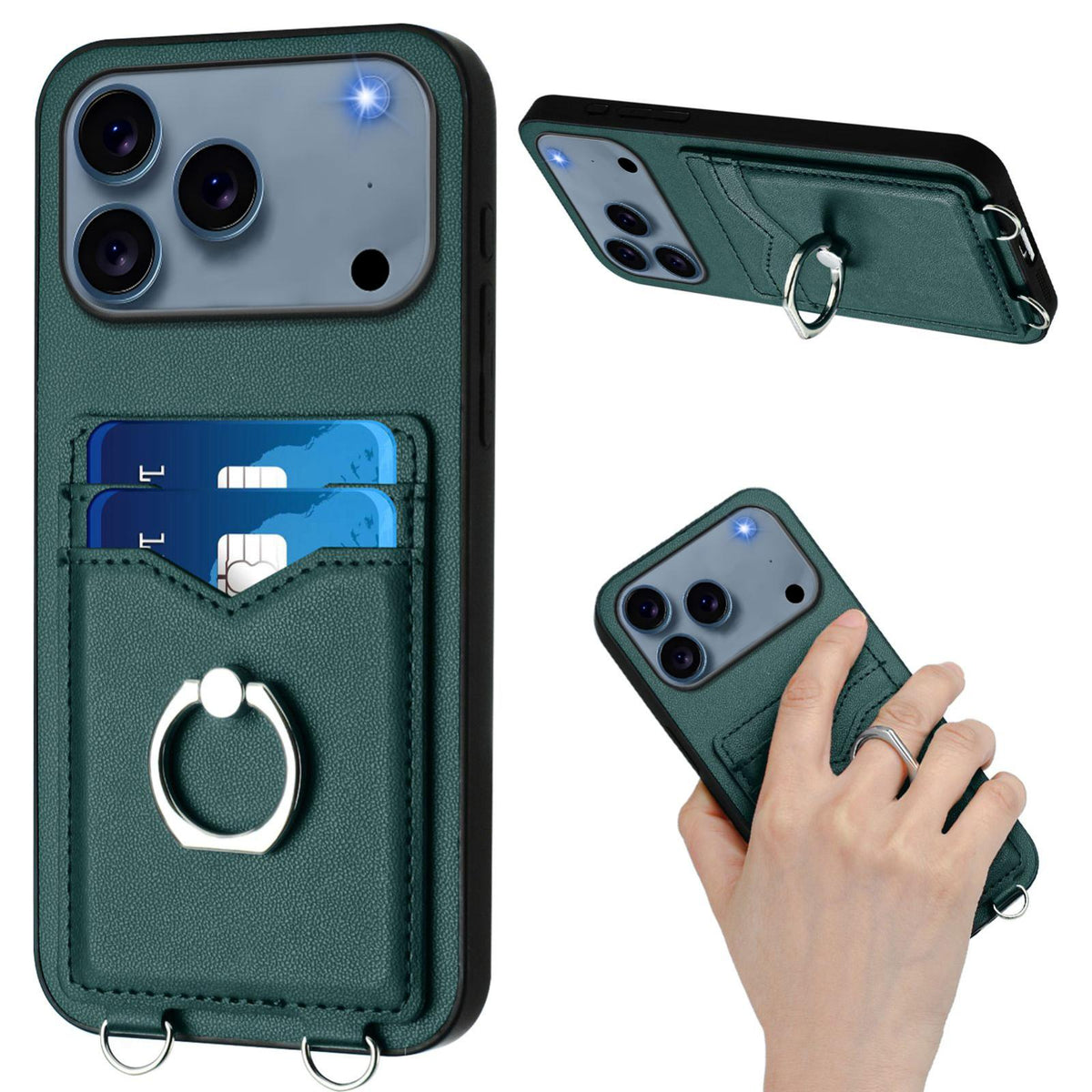 Compatible with iPhone 18 Pro Max & 17 Pro Max R20 Crossbody Rope Ring Card Holder Phone Case - Green