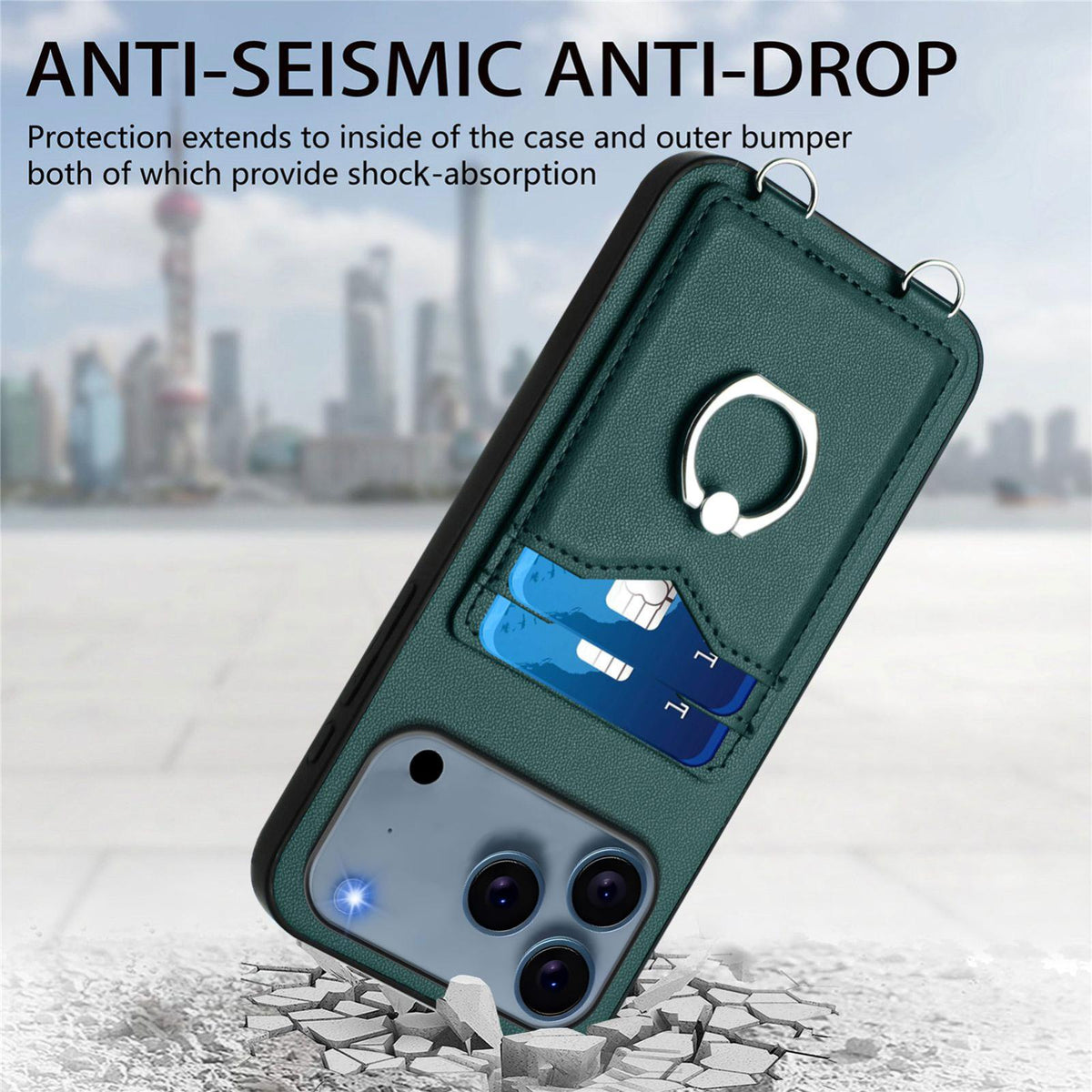 Compatible with iPhone 18 Pro Max & 17 Pro Max R20 Crossbody Rope Ring Card Holder Phone Case - Green