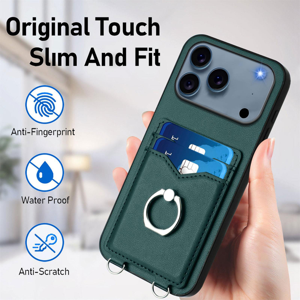 Compatible with iPhone 18 Pro Max & 17 Pro Max R20 Crossbody Rope Ring Card Holder Phone Case - Green
