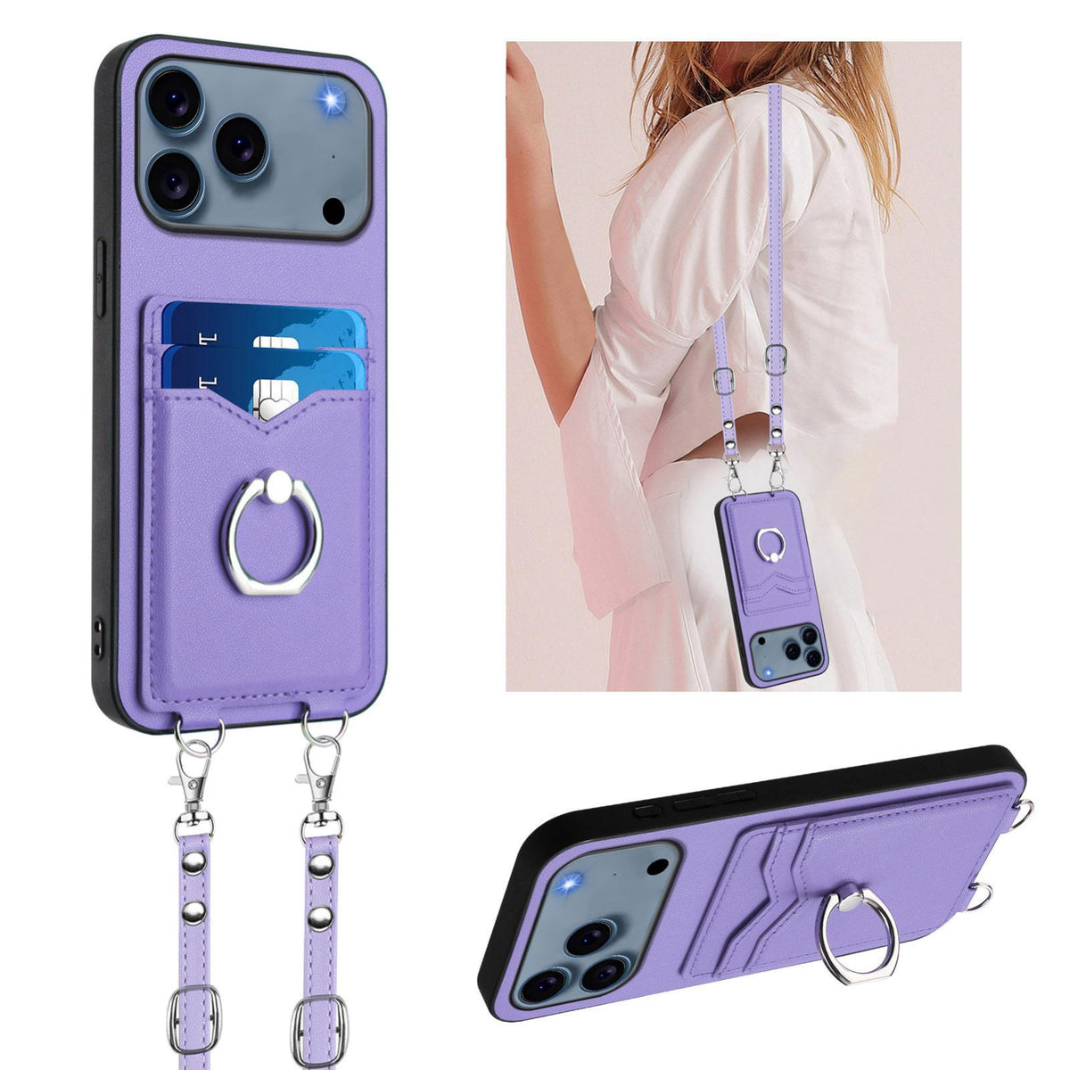 Compatible with iPhone 18 Pro Max & 17 Pro Max R20 Crossbody Rope Ring Card Holder Phone Case - Purple