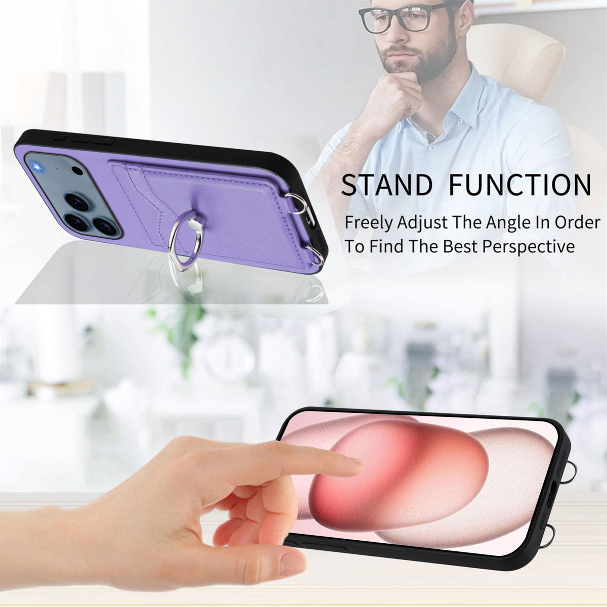 Compatible with iPhone 18 Pro Max & 17 Pro Max R20 Crossbody Rope Ring Card Holder Phone Case - Purple