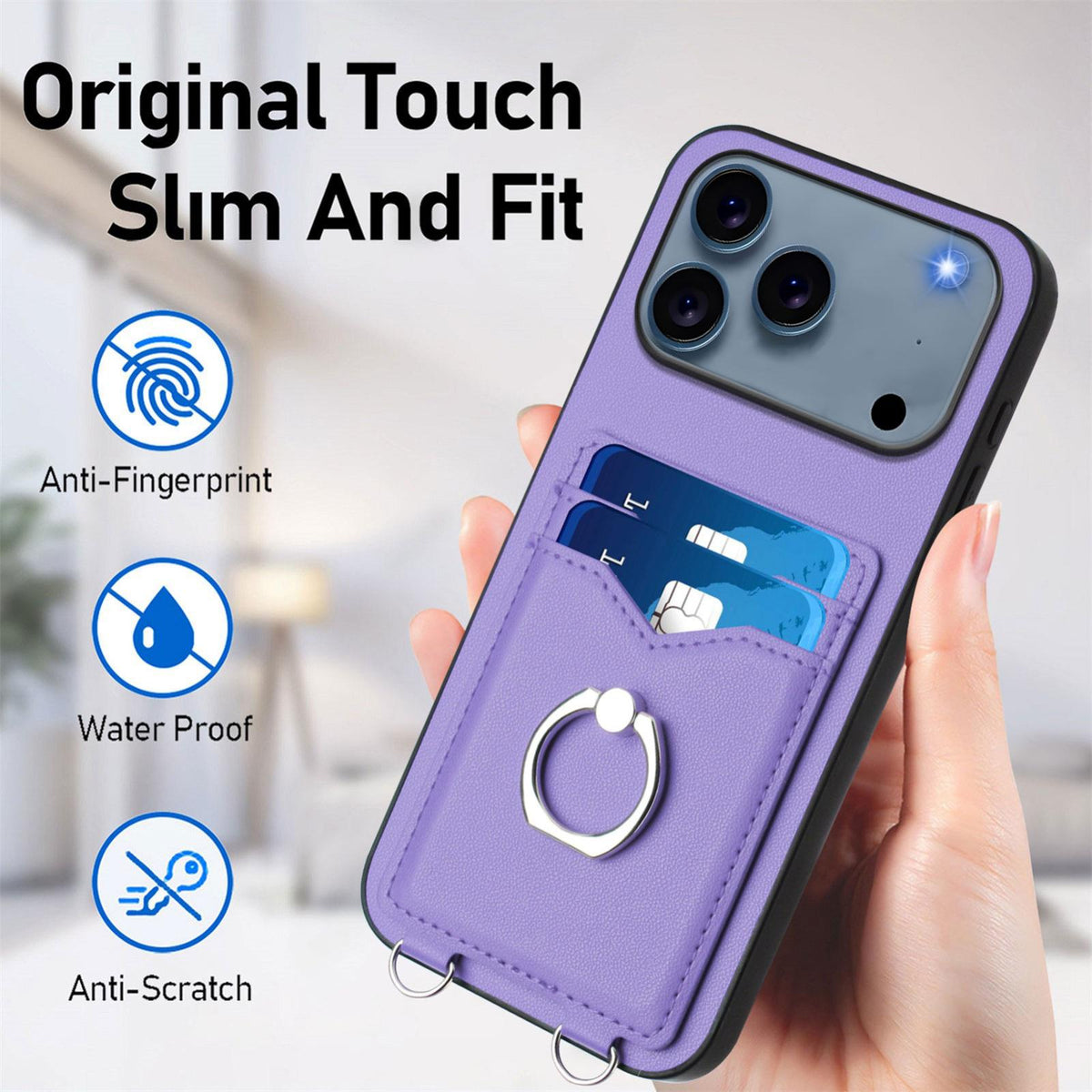 Compatible with iPhone 18 Pro Max & 17 Pro Max R20 Crossbody Rope Ring Card Holder Phone Case - Purple