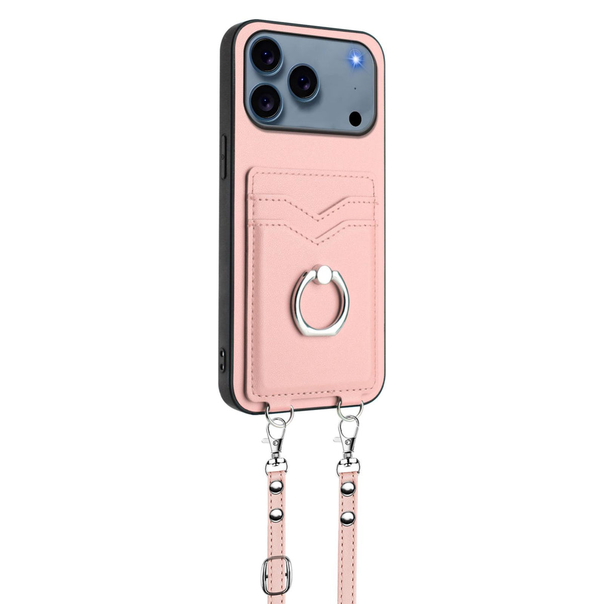 Compatible with iPhone 18 Pro & 17 Pro R20 Crossbody Rope Ring Card Holder Phone Case - Pink