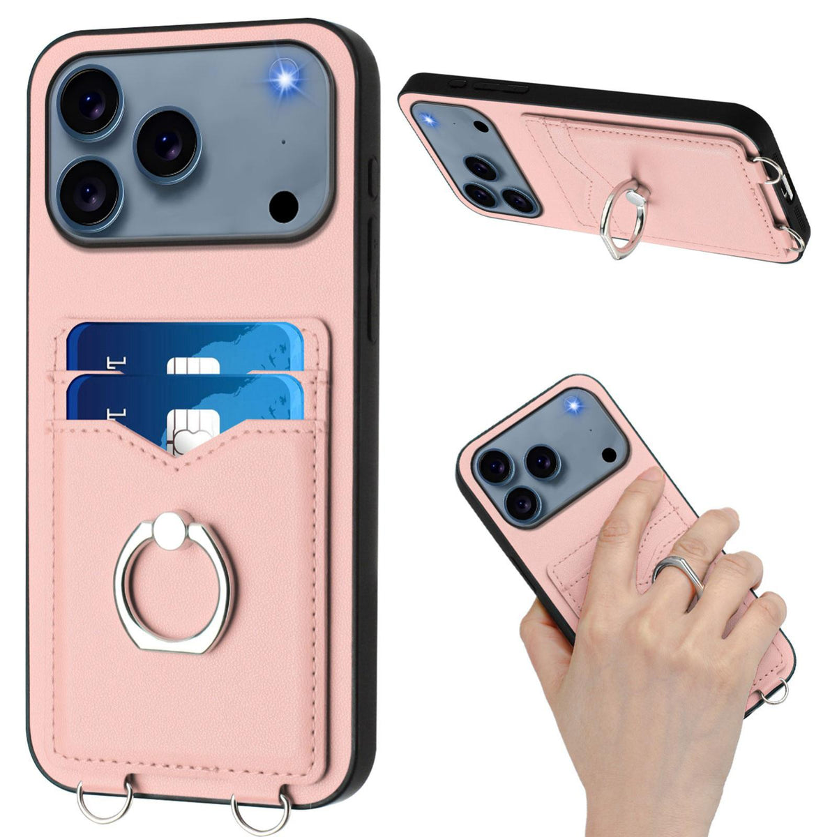 Compatible with iPhone 18 Pro & 17 Pro R20 Crossbody Rope Ring Card Holder Phone Case - Pink