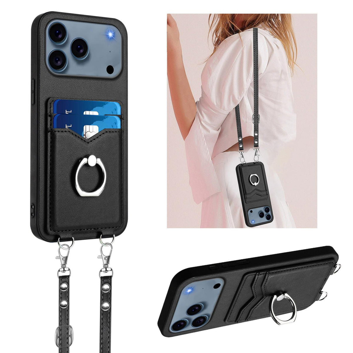 Compatible with iPhone 18 Pro & 17 Pro R20 Crossbody Rope Ring Card Holder Phone Case - Black