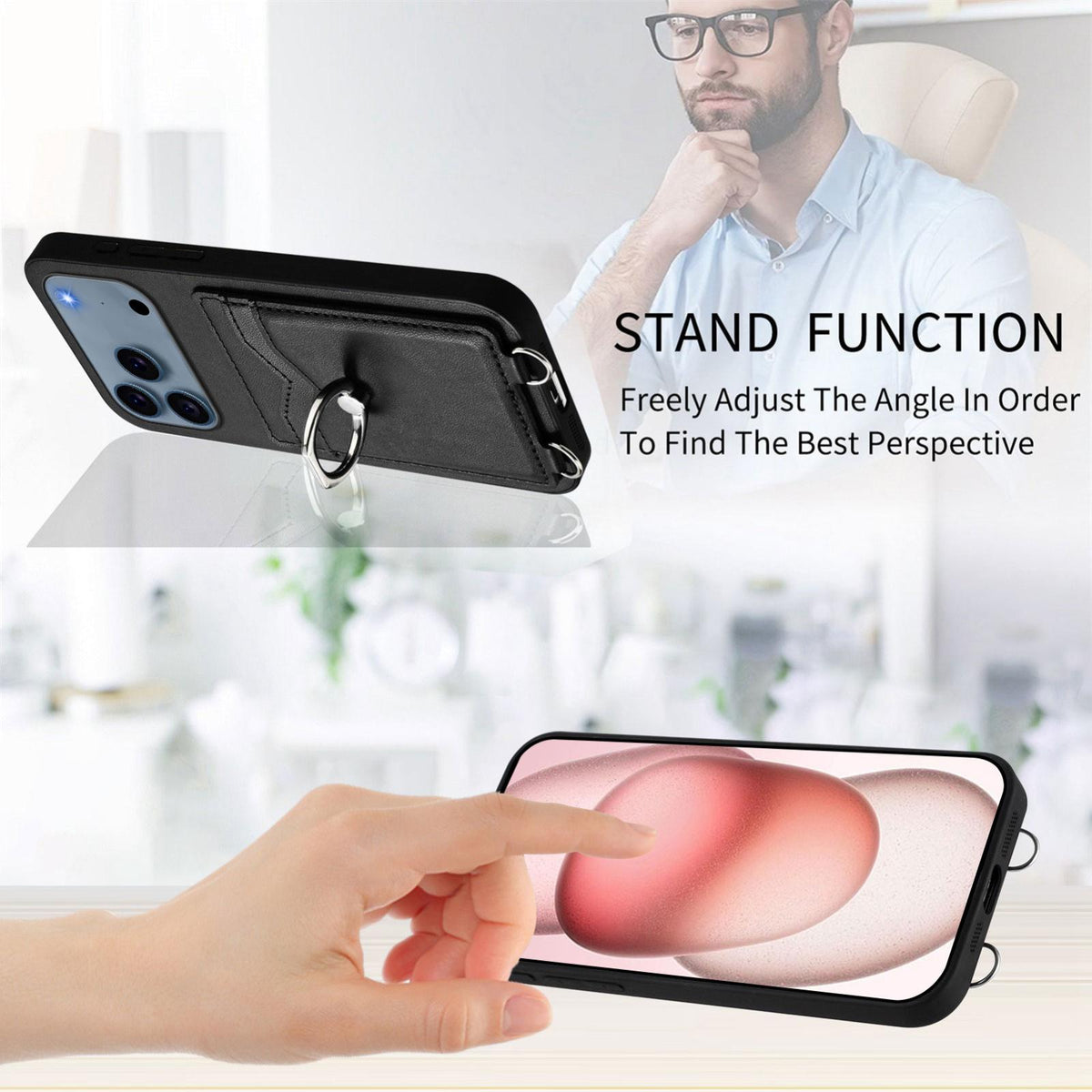 Compatible with iPhone 18 Pro & 17 Pro R20 Crossbody Rope Ring Card Holder Phone Case - Black