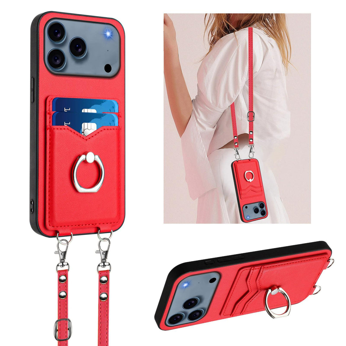 Compatible with iPhone 18 Pro & 17 Pro R20 Crossbody Rope Ring Card Holder Phone Case - Red
