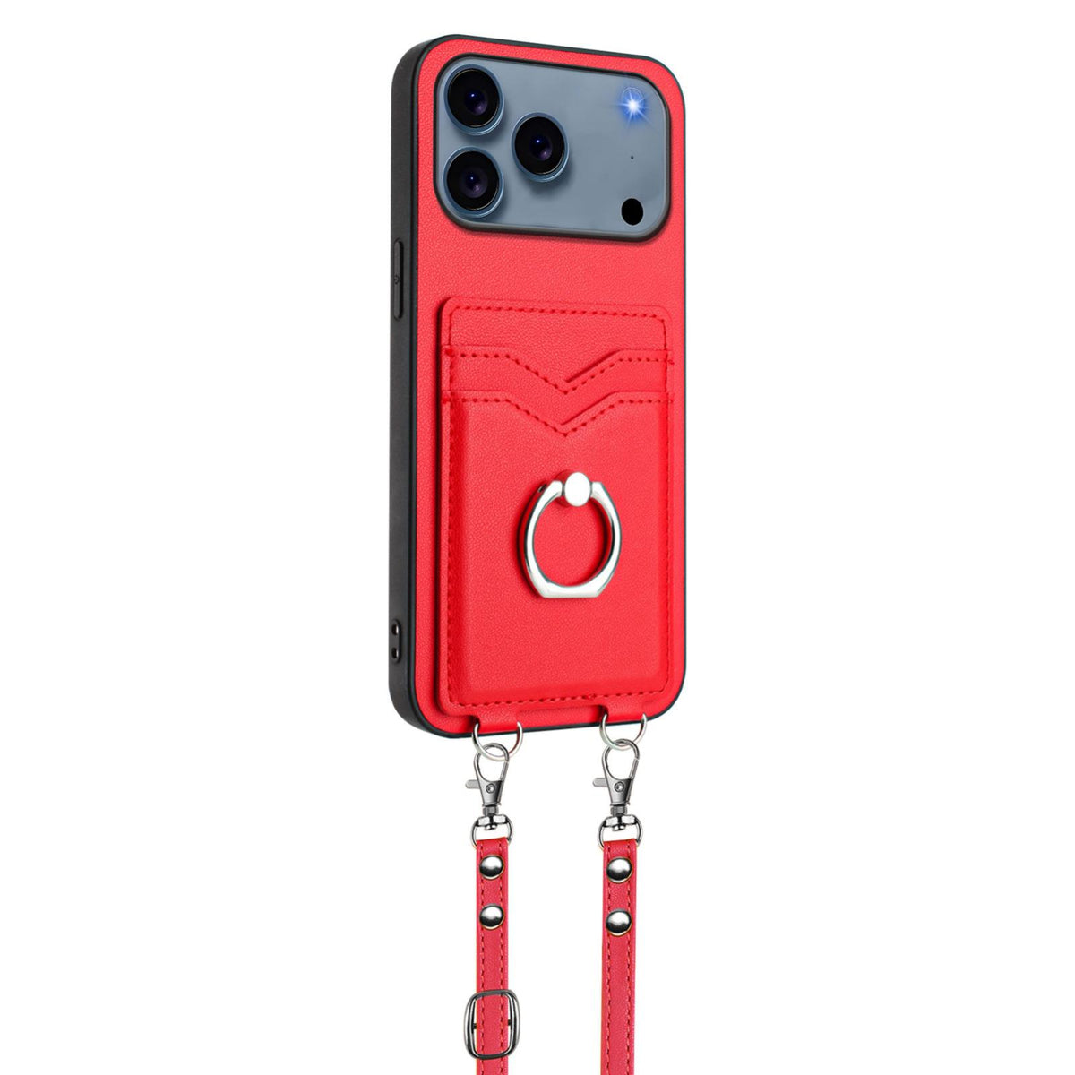 Compatible with iPhone 18 Pro & 17 Pro R20 Crossbody Rope Ring Card Holder Phone Case - Red
