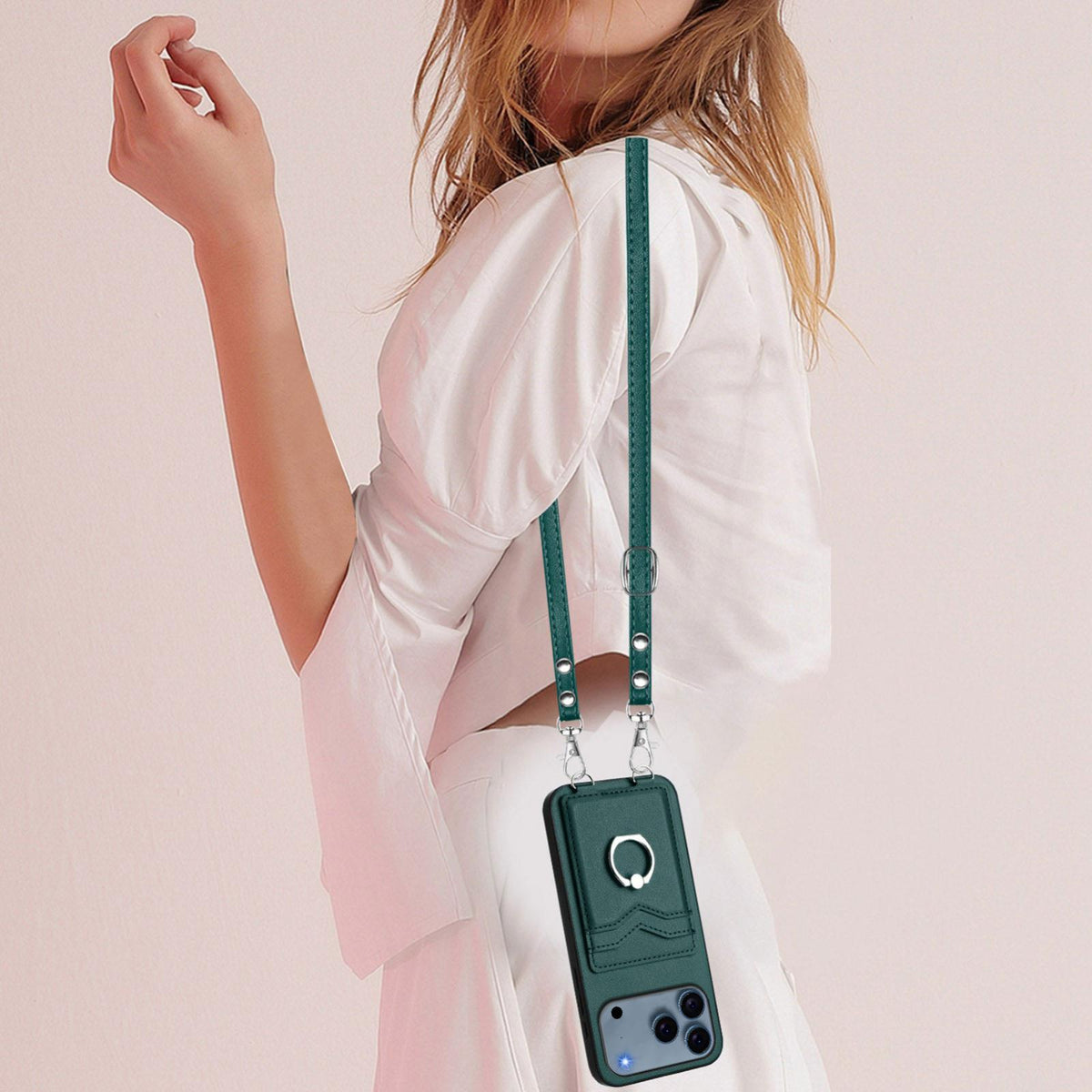 Compatible with iPhone 18 Pro & 17 Pro R20 Crossbody Rope Ring Card Holder Phone Case - Green