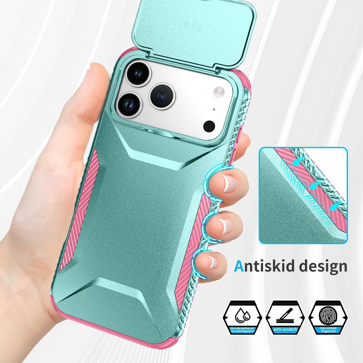 Compatible with iPhone 18 Pro Max Sliding Camshield Phone Case - Pink + Grey Green