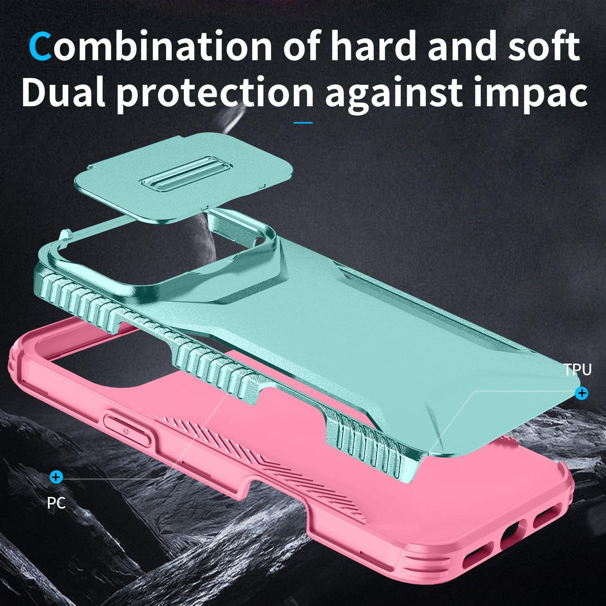Compatible with iPhone 18 Pro Max Sliding Camshield Phone Case - Pink + Grey Green