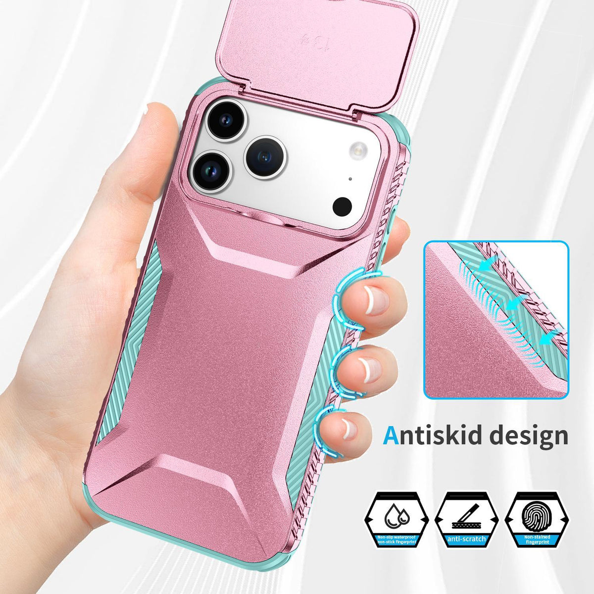 Compatible with iPhone 18 Pro Max Sliding Camshield Phone Case - Grey Green + Pink