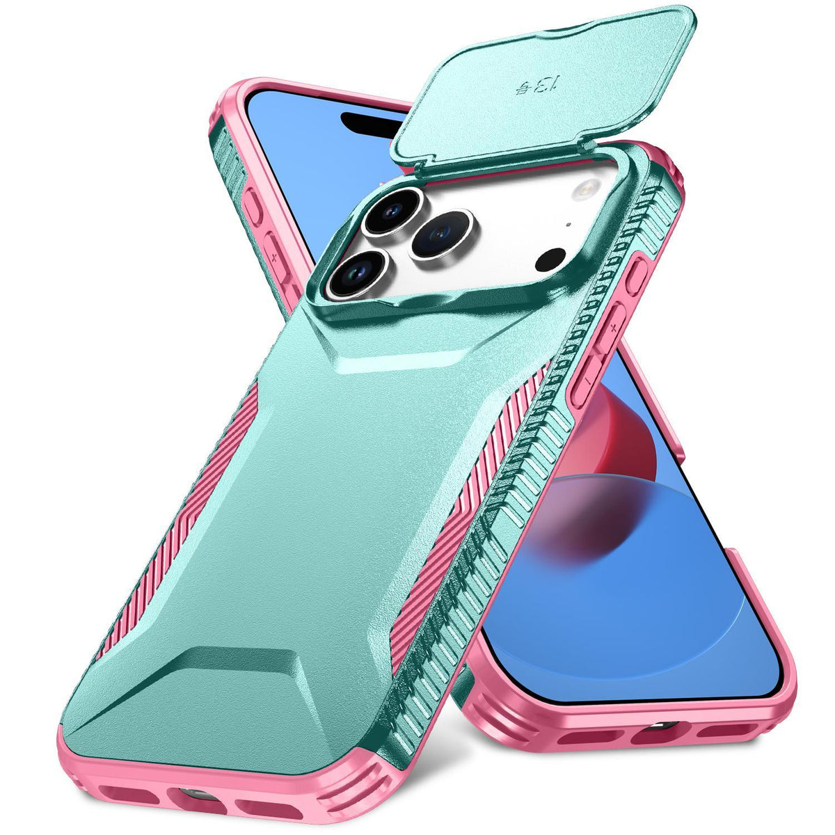 Compatible with iPhone 18 Pro Sliding Camshield Phone Case - Pink + Grey Green