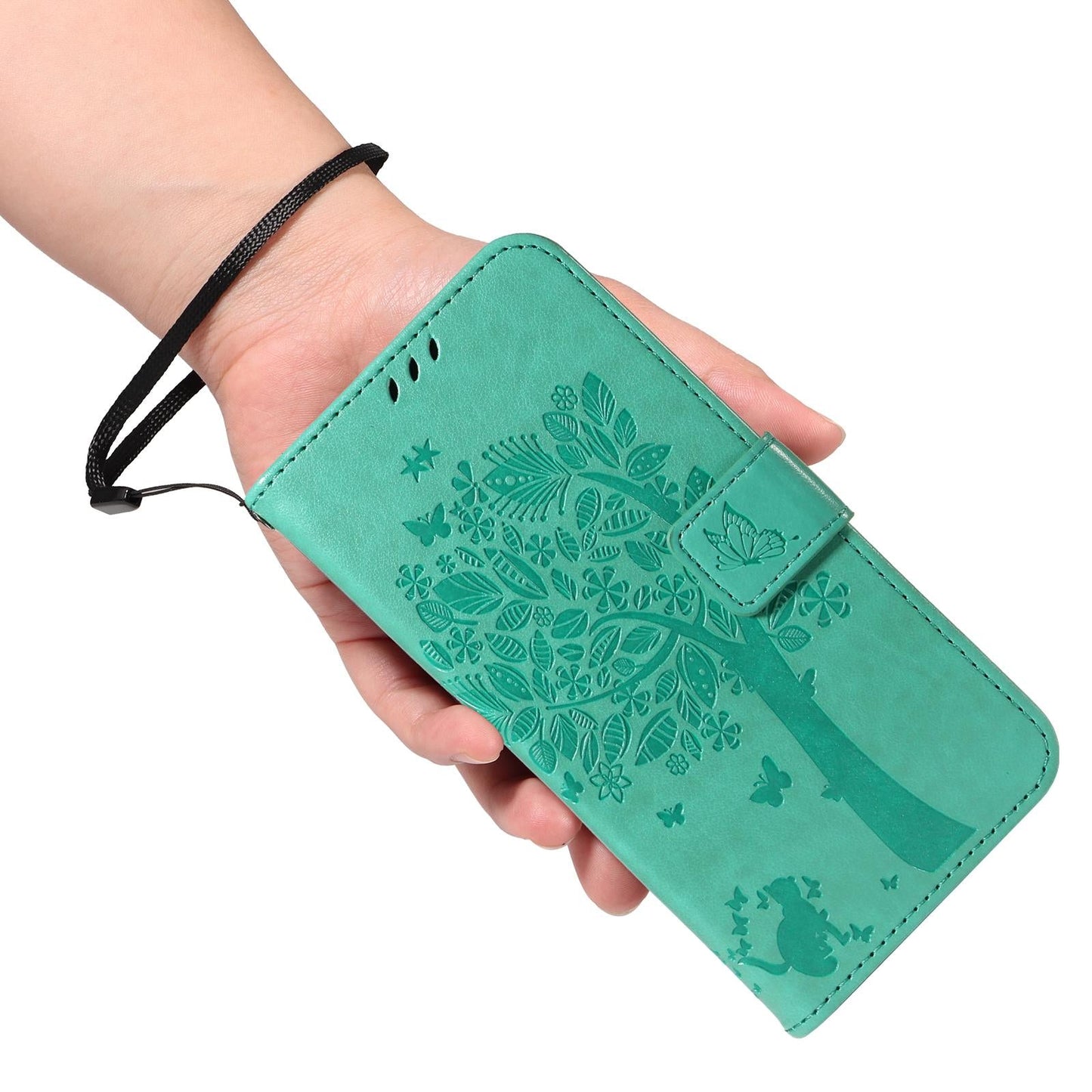 For vivo V50 5G Global Tree & Cat Embossed Pattern Flip Leather Phone Case(Green)
