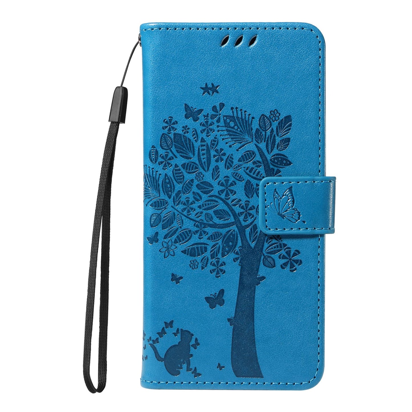 For vivo V50 5G Global Tree & Cat Embossed Pattern Flip Leather Phone Case(Blue)