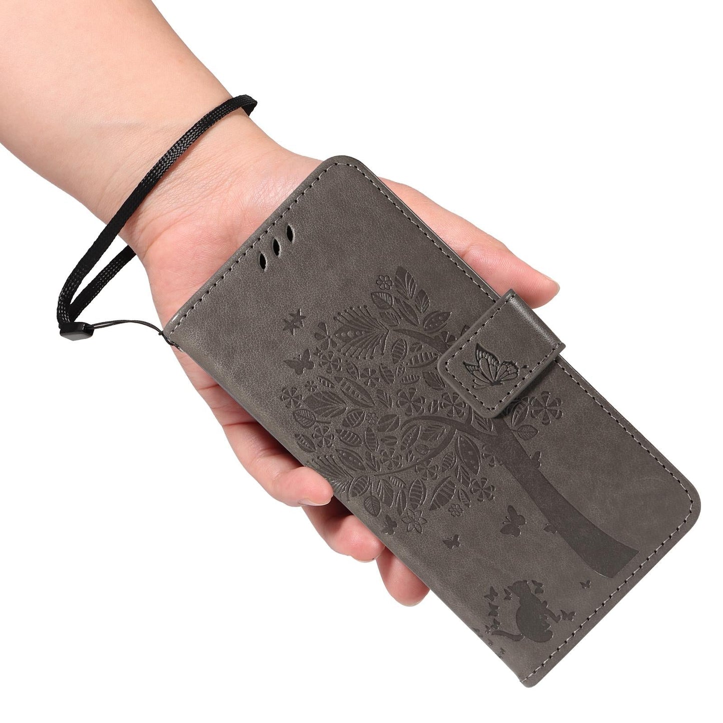 For vivo V50 5G Global Tree & Cat Embossed Pattern Flip Leather Phone Case(Grey)
