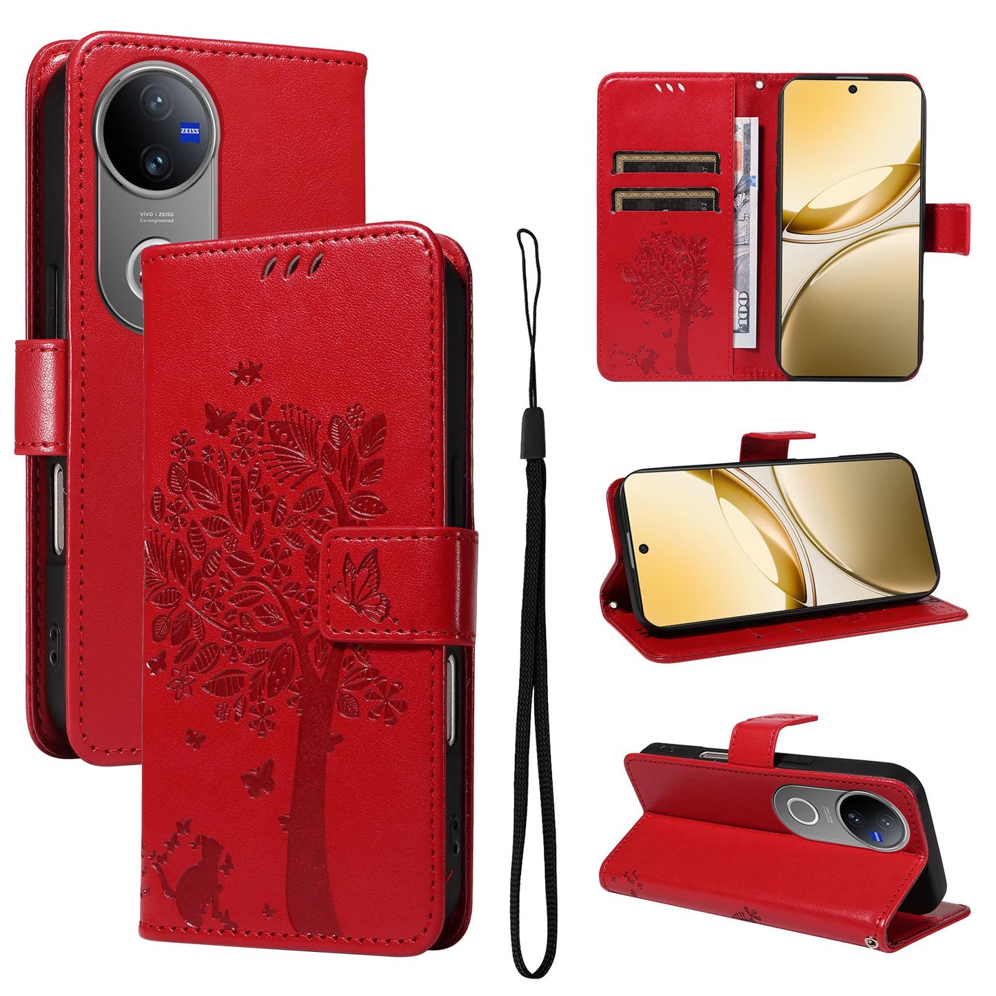 For vivo V50 5G Global Tree & Cat Embossed Pattern Flip Leather Phone Case(Red)