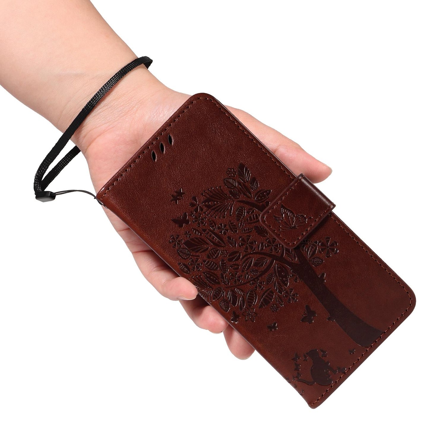 For vivo V50 5G Global Tree & Cat Embossed Pattern Flip Leather Phone Case(Coffee)