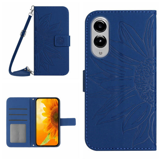 For Samsung Galaxy S25 Edge 5G Skin Feel Sun Flower Embossed Flip Leather Phone Case with Lanyard(Dark Blue)