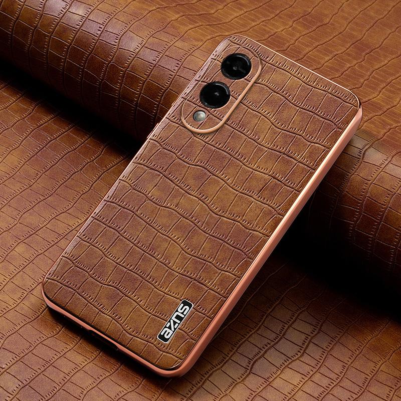 For Samsung Galaxy S25 Edge 5G AZNS Electroplated Frame Crocodile Texture Full Coverage Phone Case(Brown)