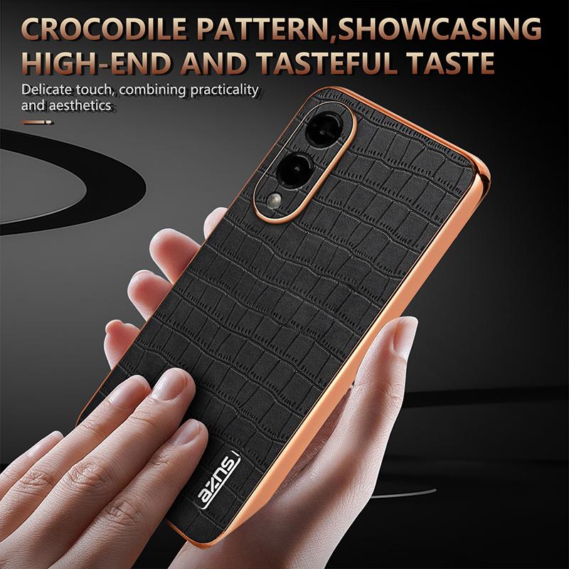 For Samsung Galaxy S25 Edge 5G AZNS Electroplated Frame Crocodile Texture Full Coverage Phone Case(Brown)