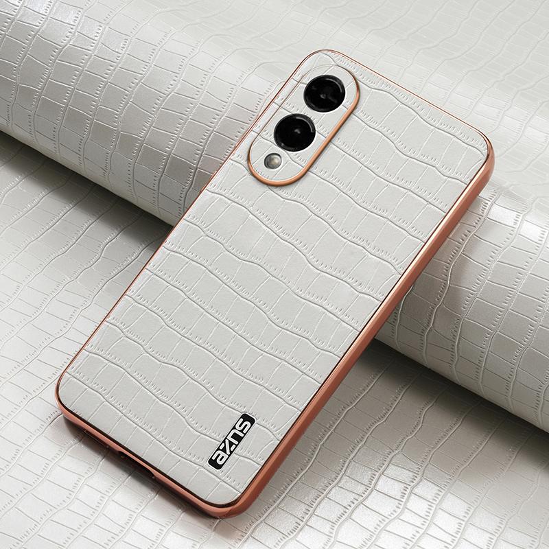 For Samsung Galaxy S25 Edge 5G AZNS Electroplated Frame Crocodile Texture Full Coverage Phone Case(White)