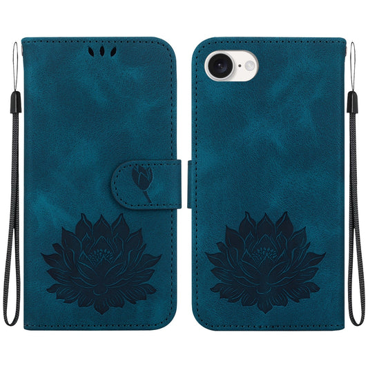 For iPhone 16e Lotus Embossed Leather Phone Case(Dark Blue)