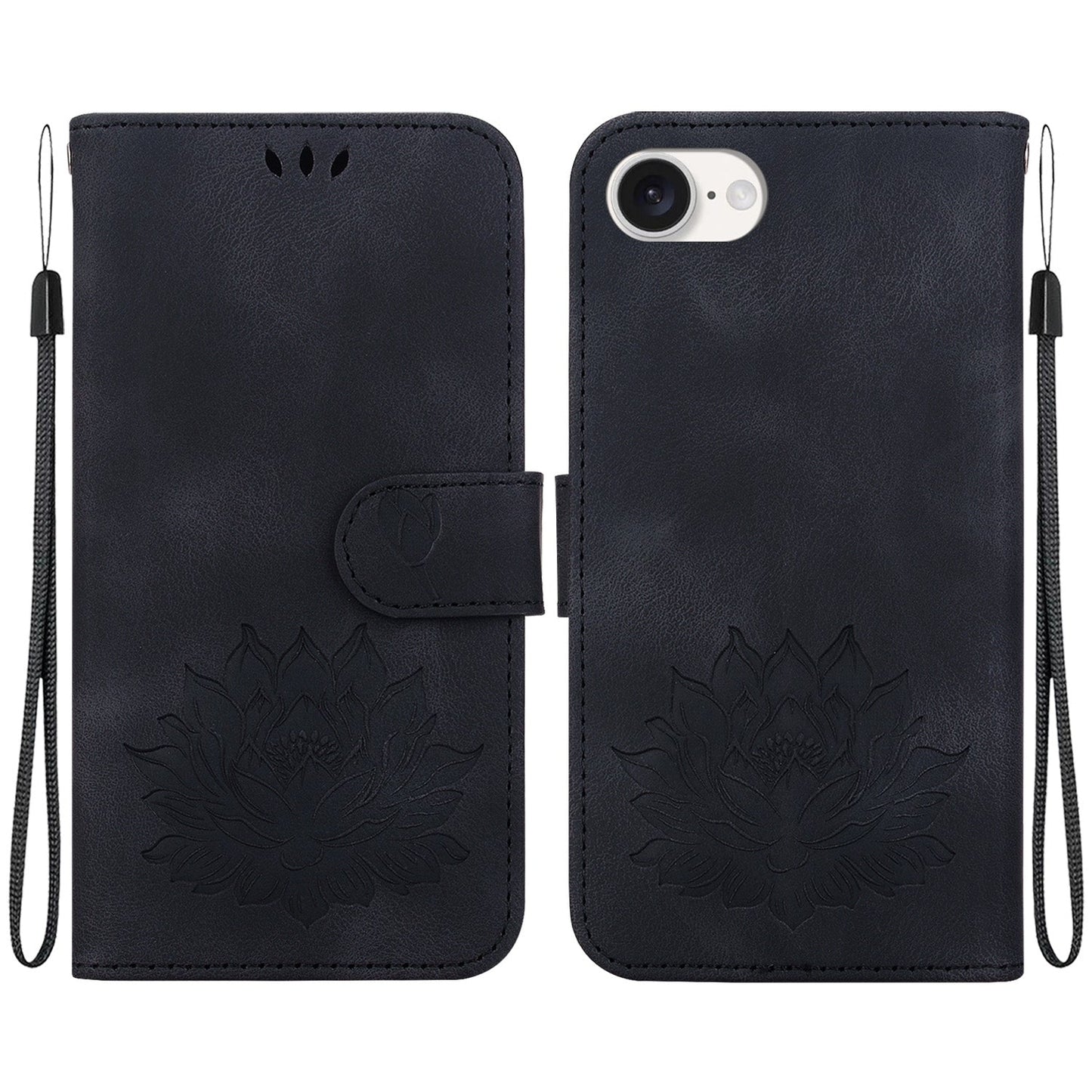 For iPhone 16e Lotus Embossed Leather Phone Case(Black)