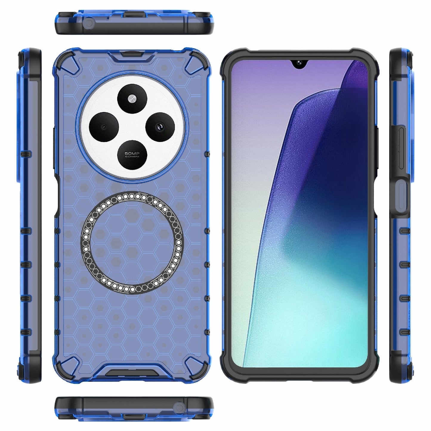 For Redmi 14C 4G Global Honeycomb Magnetic Ring Shockproof Phone Case(Blue)