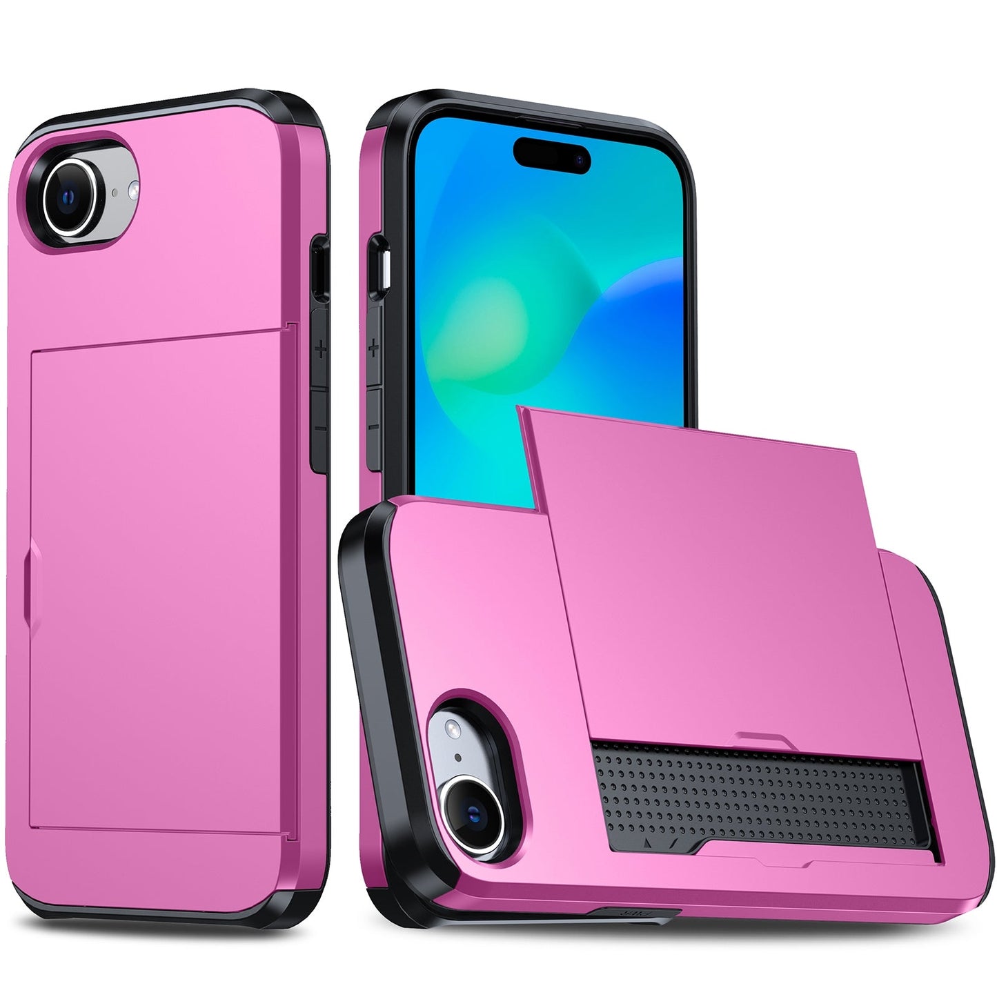 For iPhone 16e Shockproof Armor Phone Case with Card Slot(Rose Red)