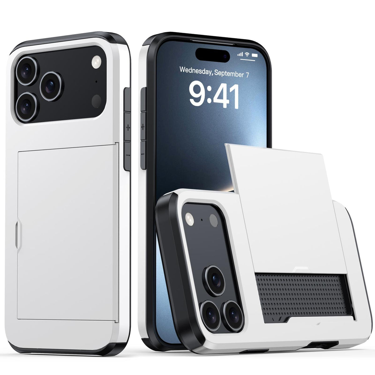 Compatible with iPhone 18 Pro Max Shockproof Armor Phone Case with Card Slot - White