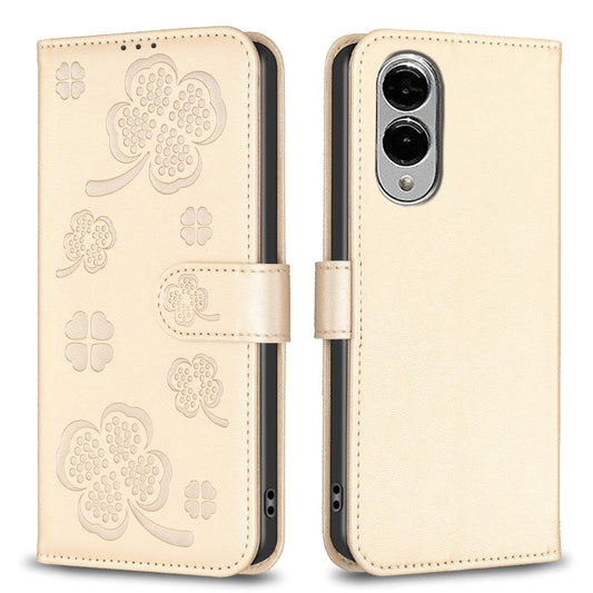 For Samsung Galaxy S25 Edge 5G Four-leaf Embossed Leather Phone Case(Gold)