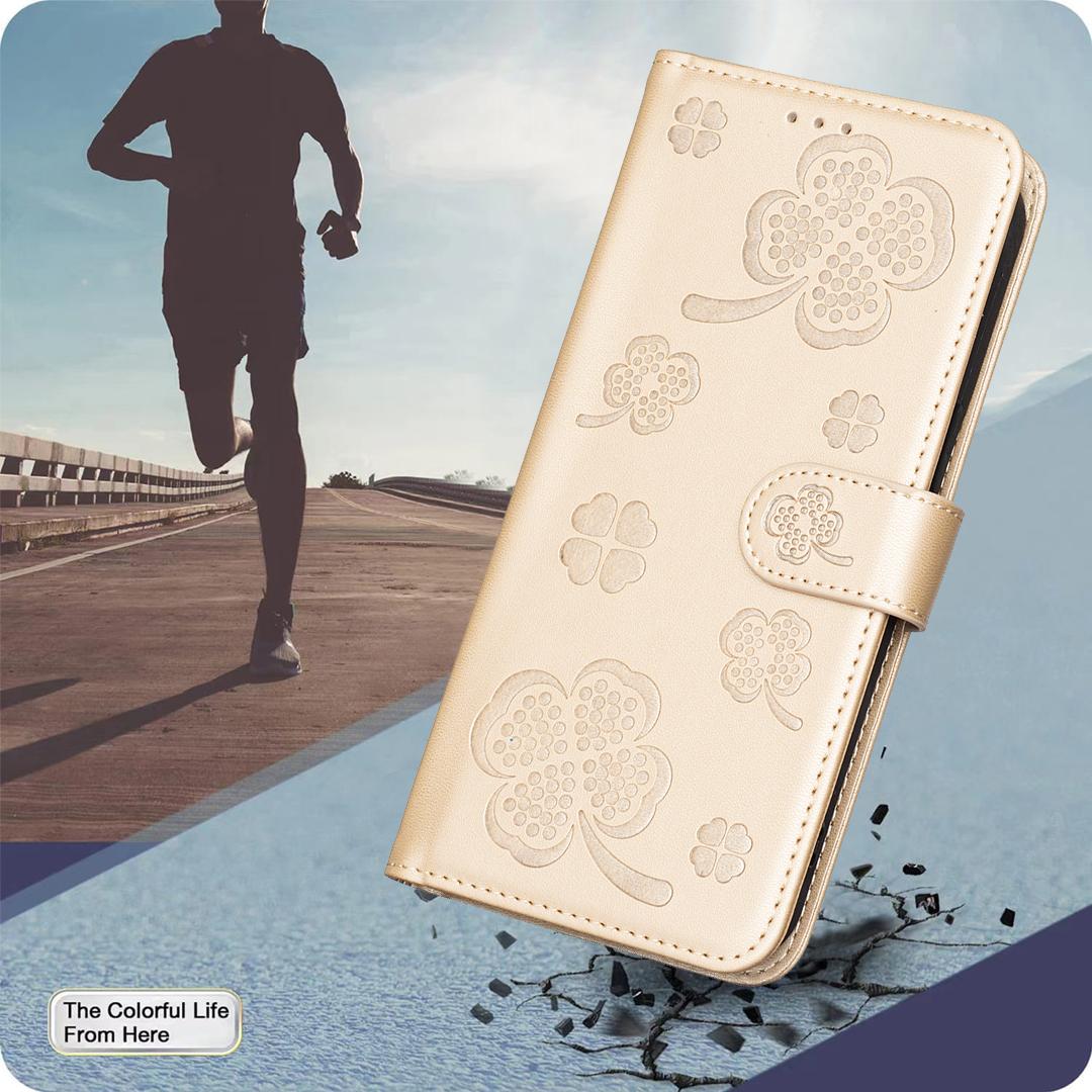 For Samsung Galaxy S25 Edge 5G Four-leaf Embossed Leather Phone Case(Gold)