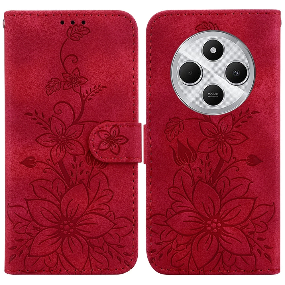 For Redmi 14C 4G Lily Embossed Leather Phone Case(Red)