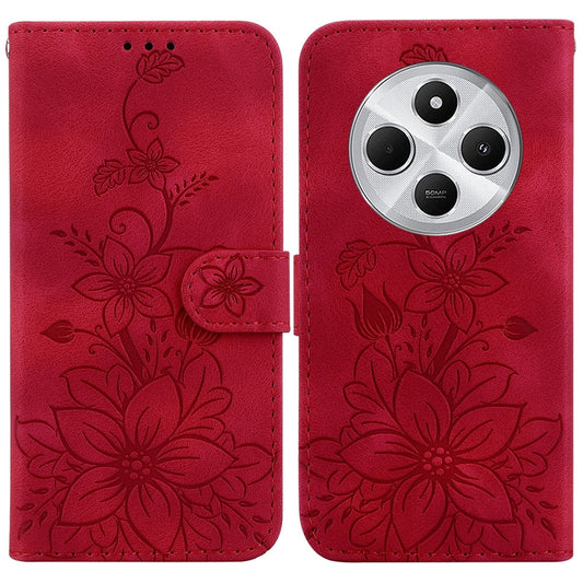 For Redmi 14C 4G Lily Embossed Leather Phone Case(Red)