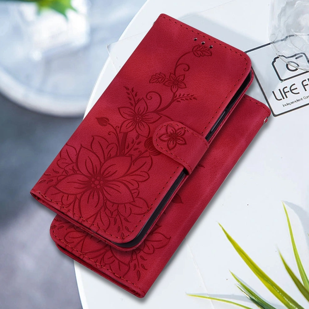 For Redmi 14C 4G Lily Embossed Leather Phone Case(Red)