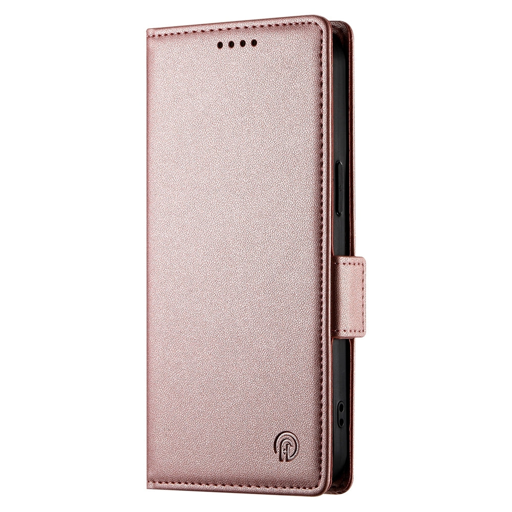 For iPhone 16e Side Buckle Magnetic Frosted Leather Phone Case(Rose Gold)