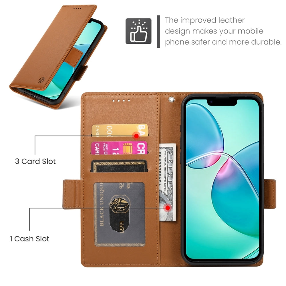 For iPhone 16e Side Buckle Magnetic Frosted Leather Phone Case(Brown)