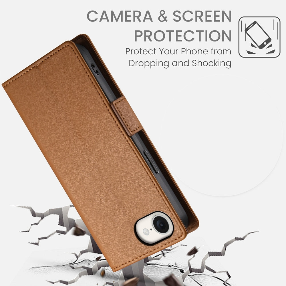 For iPhone 16e Side Buckle Magnetic Frosted Leather Phone Case(Brown)
