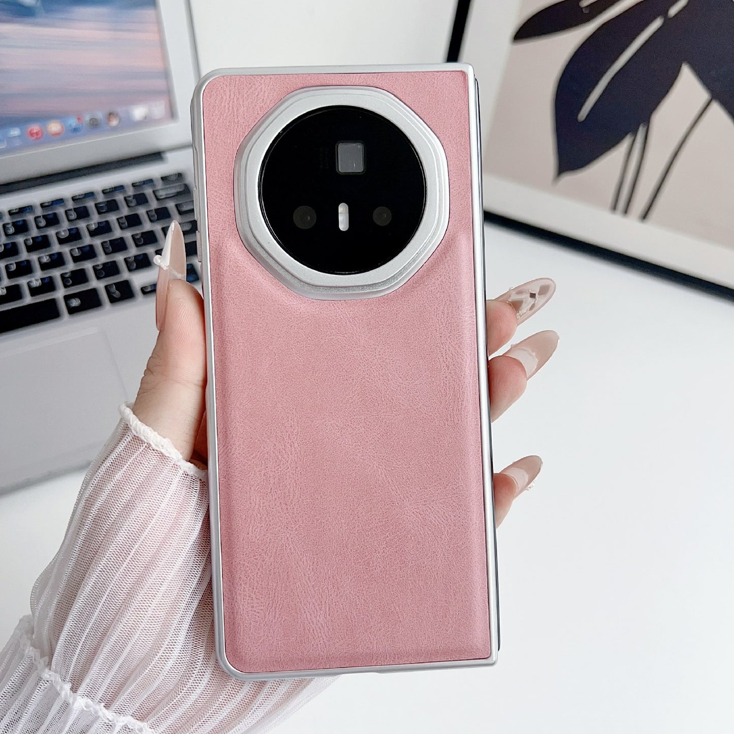 For Honor Magic V3 Metallic Paint Skin Feel Leather Phone Case(Pink)