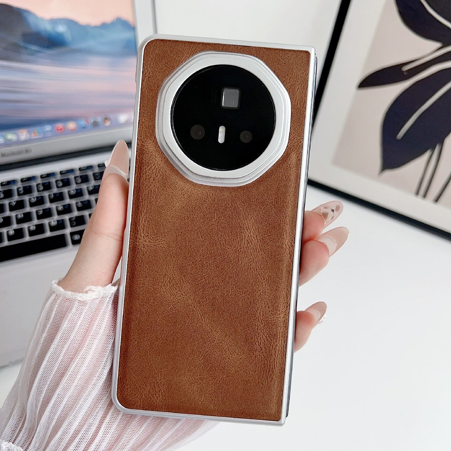 For Honor Magic V3 Metallic Paint Skin Feel Leather Phone Case(Brown)