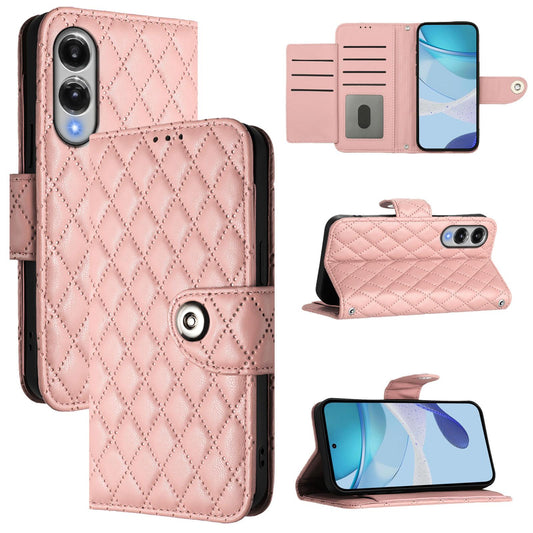 For Samsung Galaxy S25 Edge 5G Rhombic Texture Flip Leather Phone Case with Lanyard(Coral Pink)