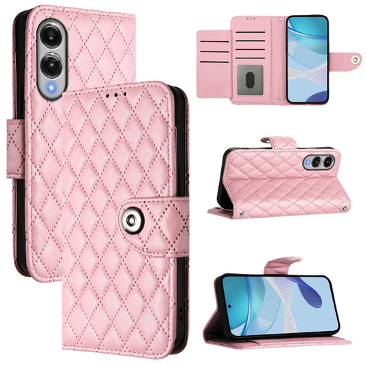 For Samsung Galaxy S25 Edge 5G Rhombic Texture Flip Leather Phone Case with Lanyard(Pink)