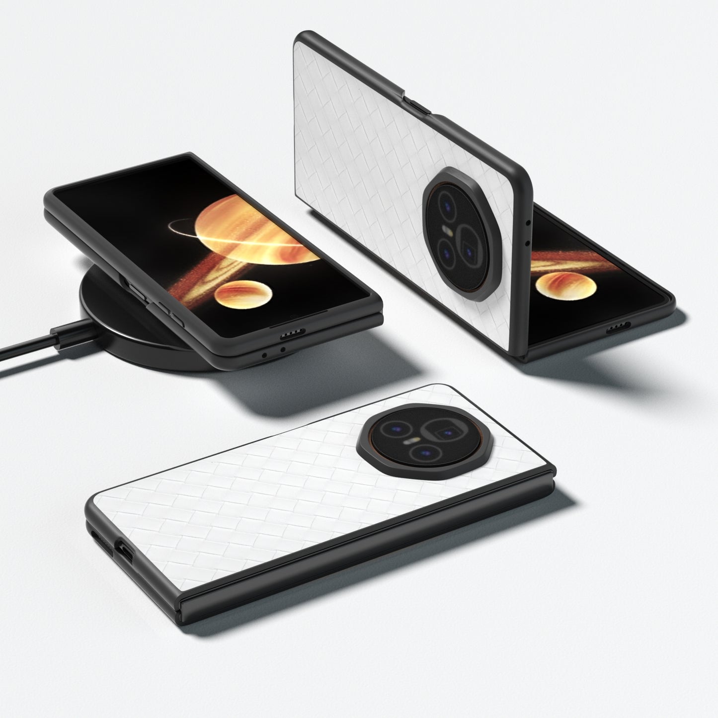 For Honor Magic V3 Black Frame Woven Texture PU Phone Case(White)